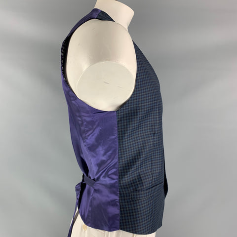 TED BAKER Chaleco azul verde abotonado de lana a cuadros talla 40