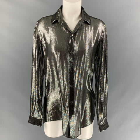 JULIEN DAVID Size L Silver Metallic Silk Blend Blouse