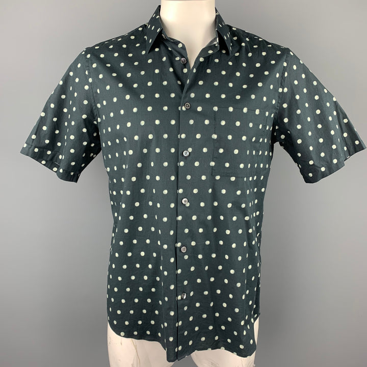 THEORY Size L Black & White Dots Cotton Blend Button Up Short Sleeve Shirt