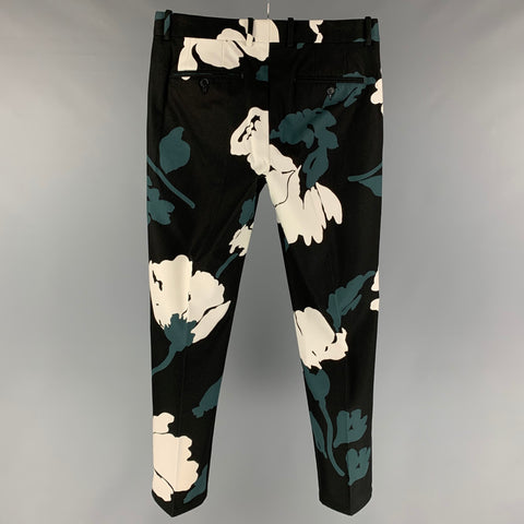 MARNI Size 32 Black White Forest Green Abstract Cotton Flat Front Dress Pants