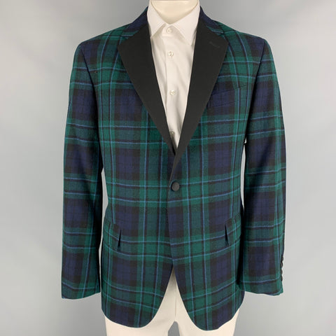 POLO by RALPH LAUREN Size 44 Regular Green & Black Navy Plaid Virgin Wool Tuxedo Sport Coat