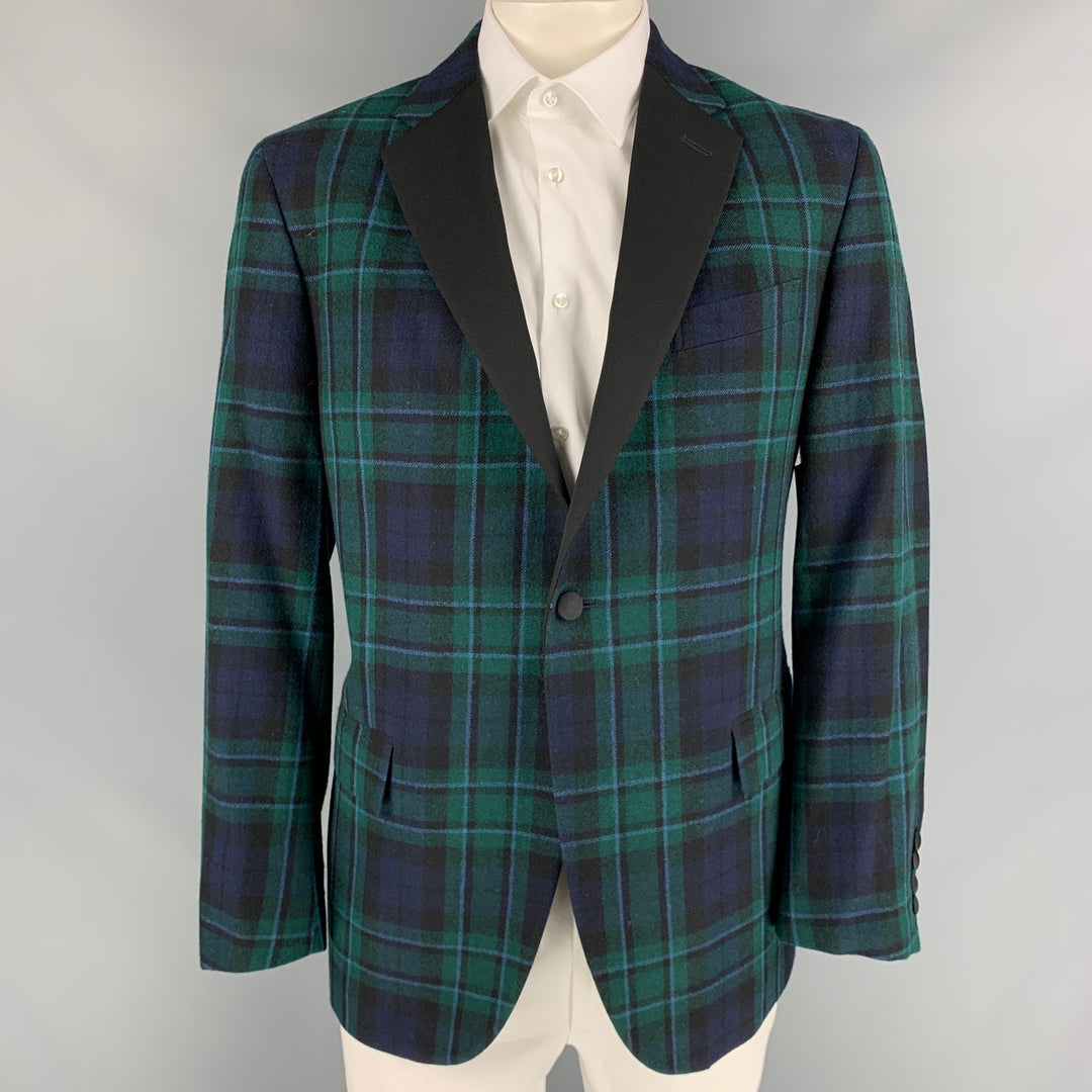 POLO by RALPH LAUREN Size 44 Regular Navy & Black Green Plaid Virgin Wool Tuxedo Sport Coat