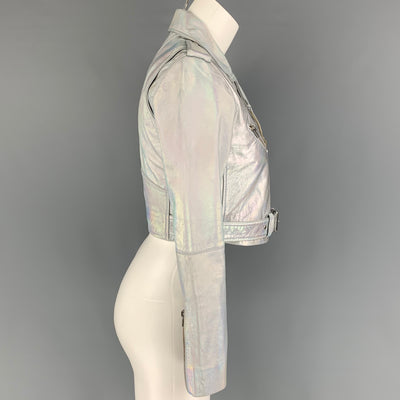 VEDA Size XS Silver Iridescent Metallic Leather Biker Cropped Jacket