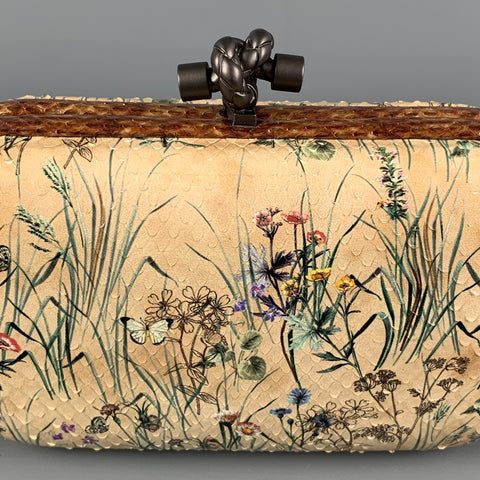 BOTTEGA VENETA Beige Floral Python Skin Leather Pochette Knot Clutch