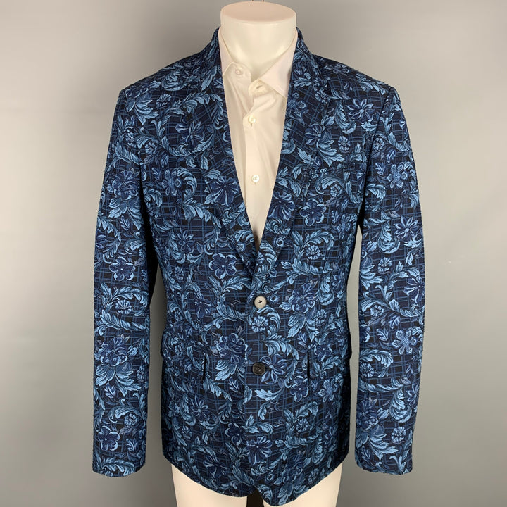 3.1 PHILLIP LIM Size 40 Navy & Blue Floral Viscose / Polyester Notch Lapel Sport Coat
