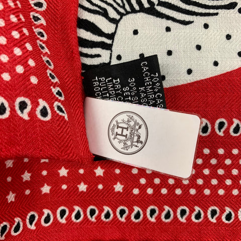 HERMES Les Zebres by Robert Dallet Red Black White Cashmere Silk Bandana Scarf