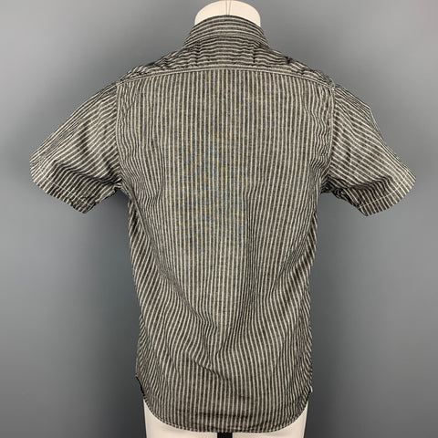 BELAFONTE Size L Dark Gray Stripe Cotton / Linen Short Sleeve Shirt