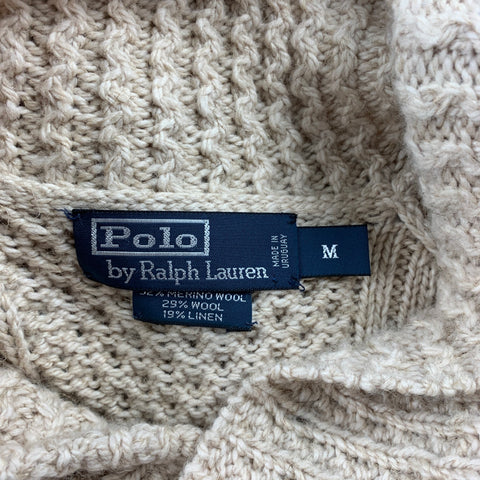 RALPH LAUREN Size M Khaki Cable Knit Wool / Linen Shawl Collar Sweater