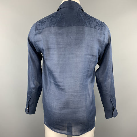 PAUL & JOE Size M Navy Embroidery Ramie Button Up Long Sleeve Shirt