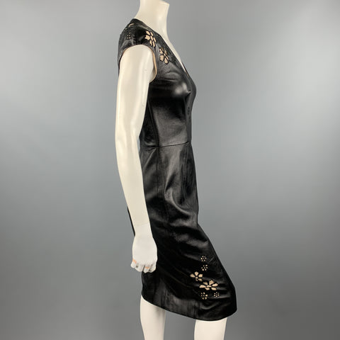 REEM ACRA Taille 4 Robe de cocktail à découpe florale en cuir noir