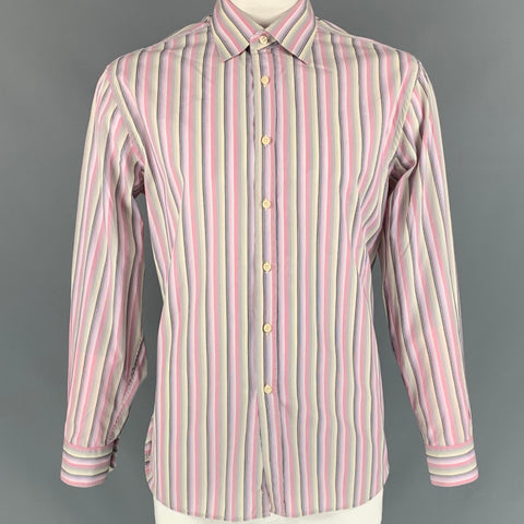 PAUL SMITH Camisa de manga larga con botones de algodón a rayas azules y rosas talla XXL