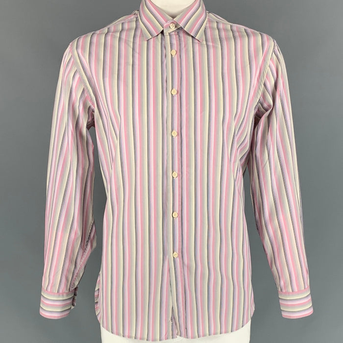PAUL SMITH Camisa de manga larga con botones de algodón a rayas azules y rosas talla XXL