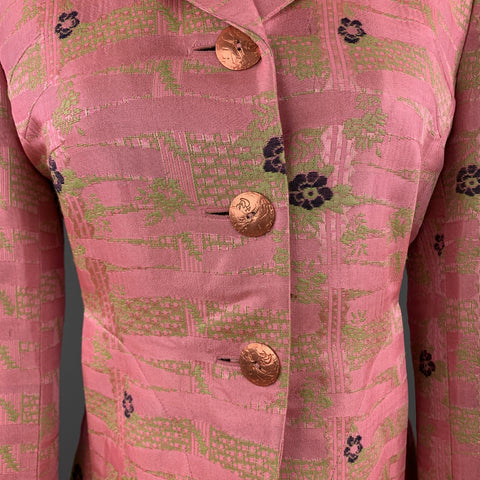 CHRISTIAN LACROIX Size 6 Pink & Green Floral Jacquard Coat