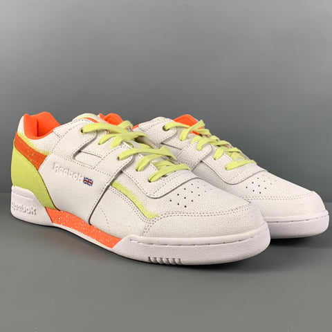 REEBOK Size 10.5 White Orange & Green Leather Lace Up Sneakers
