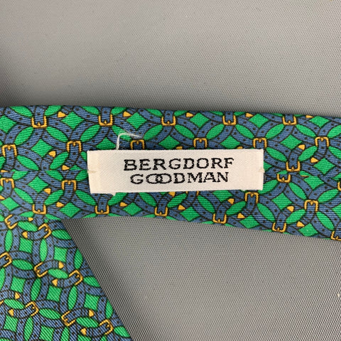HERMES 7044 TA Green Blue Belt Buckle Print Silk Tie