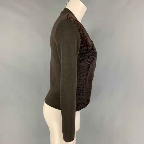 PRADA Size 4 Brown Wool Mixed Materials Lamb Fur Trim V-Neck Cardigan