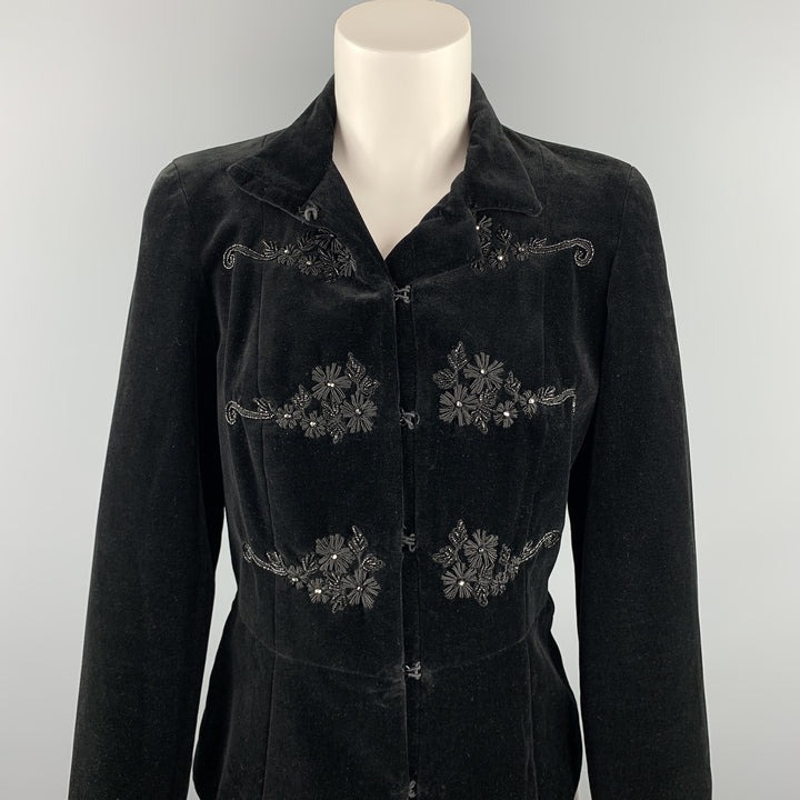 BLUMARINE Size 6 Black Embroidered Cotton Velvet Hook & Eye Jacket