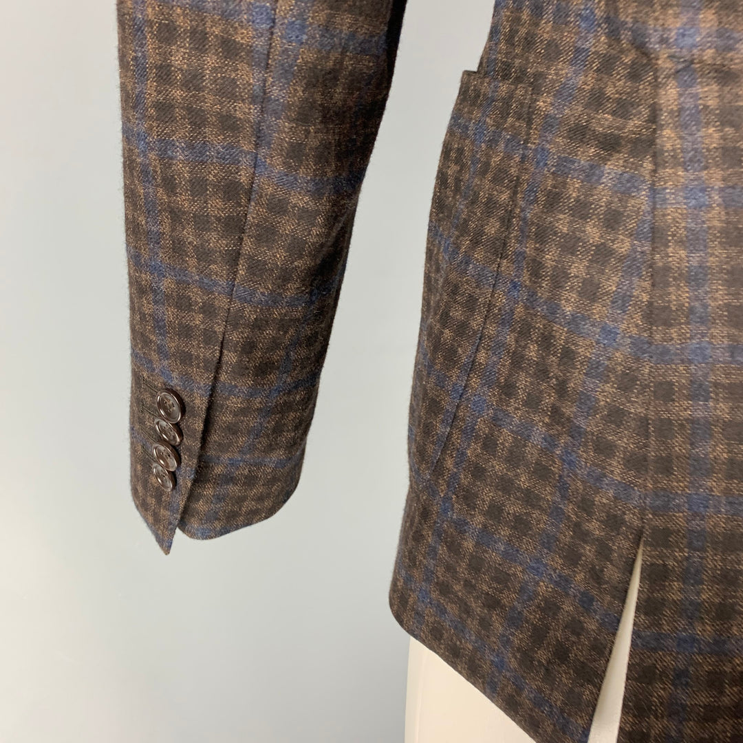 TAGLIATORE Size 34 Brown Navy Plaid Virgin Wool Double Breasted Sport Coat