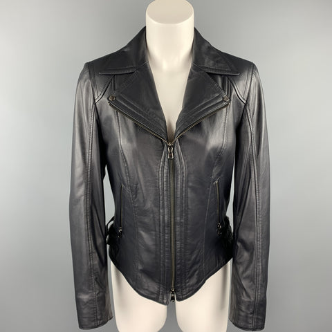 GIZIA Size 4 Navy Leather Zip Fly Motorcycle Jacket