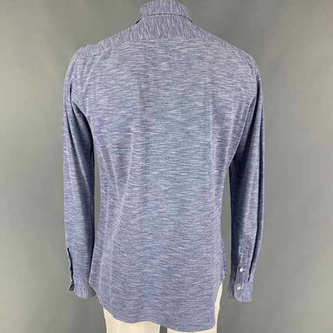 FINAMORE Size L Blue White Heather Cotton Button Up Long Sleeve Shirt