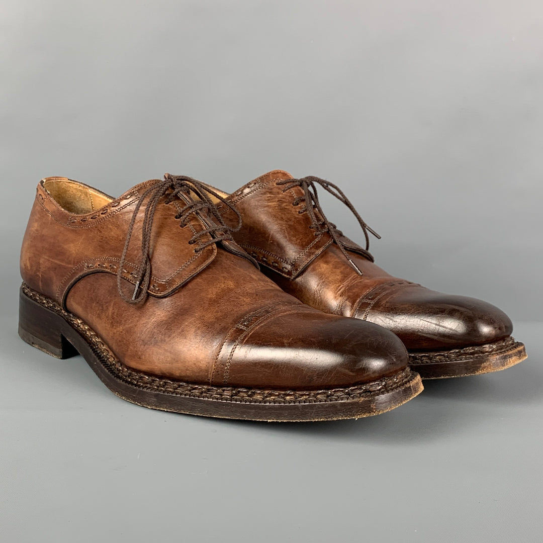 CALZOLERIA HARRIS x BARNEY'S NEW YORK Size 8.5 Bronze Distressed Leather Cap Toe Shoes