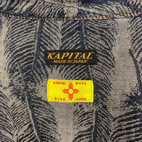 KAPITAL Size L Indigo Grey Feathers Cotton Raw Edge Long Sleeve Shirt
