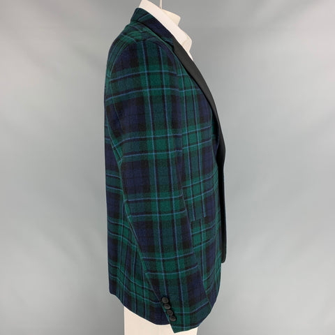 POLO by RALPH LAUREN Size 44 Regular Navy & Black Green Plaid Virgin Wool Tuxedo Sport Coat