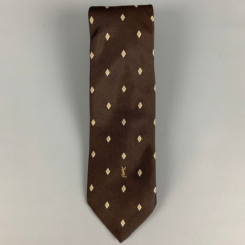 YVES SAINT LAURENT Brown Yellow Diamond Silk Jacquard Tie