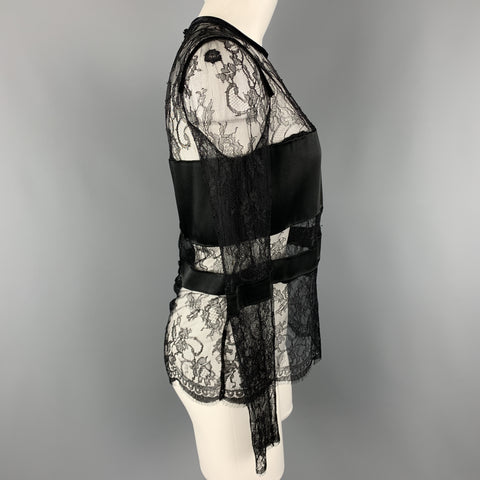 EMANUEL UNGARO Size 2 Black Lace Satin Stripe Panel Blouse