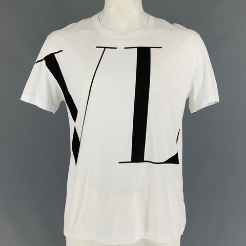 VALENTINO Size L White & Black Logo Cotton Crew-Neck T-shirt