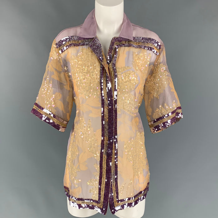 DRIES VAN NOTEN Size S Lavender & Gold Sequined Silk Blouse