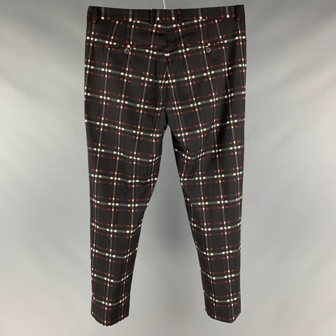 MSGM Size 36 Black Burgundy White Plaid Wool Blend Zip Fly Dress Pants