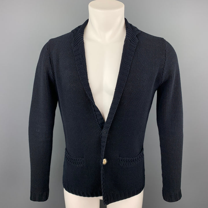 EDIFICE Size XS Navy Knitted Cotton Notch Lapel Cardigan