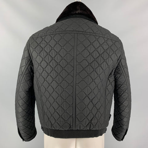 BURBERRY PRORSUM Size 40 Black Quilted Coated Cotton Mink Collar Zip Jacket