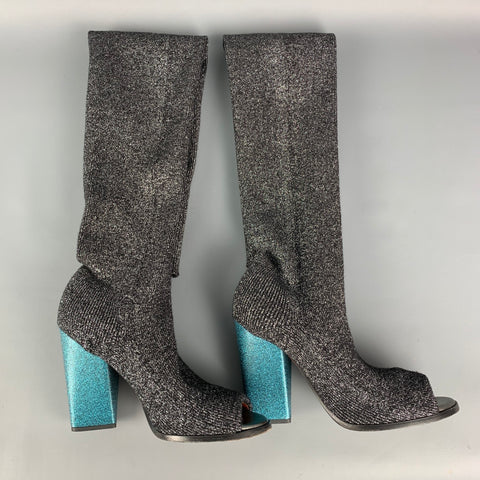 MISSONI Size 7 Black & Silver Lurex Metallic Thigh High Boots