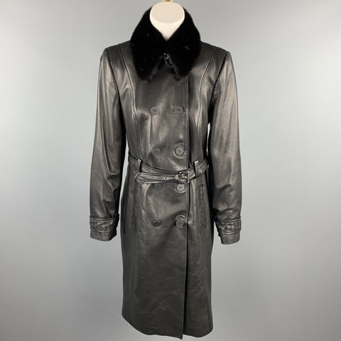 GIZIA Size 4 Black Leather Fur Collar Double Breasted Coat