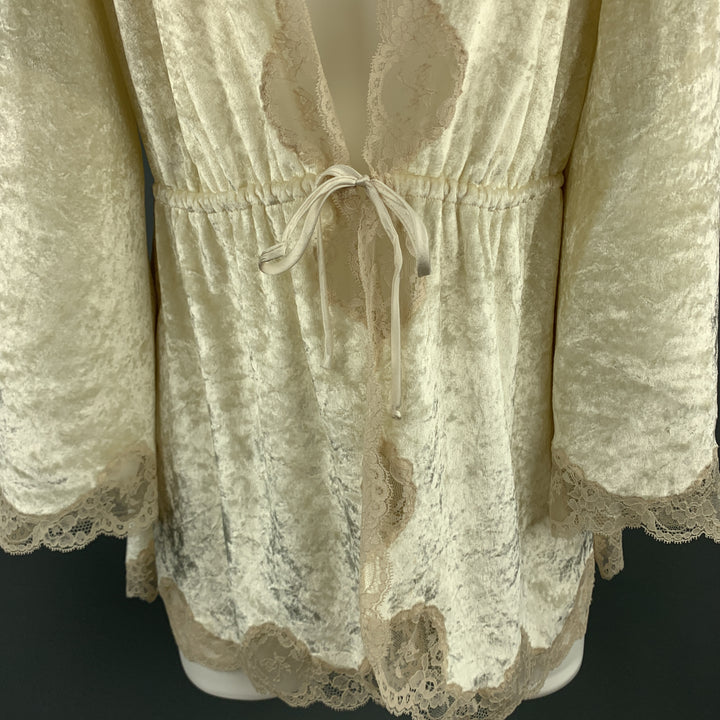 CHRISTIAN DIOR Size M Cream Crushed Velvet Lce Trim Cropped Robe Top