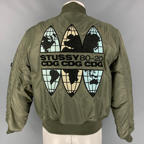 COMME des GARCONS x STUSSY Size S Olive Green Nylon Graphic 40th Anniversary Bomber Jacket