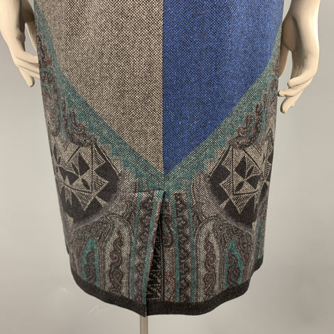 ETRO Talla 12 Vestido recto drapeado sin mangas de mezcla de lana estampada gris