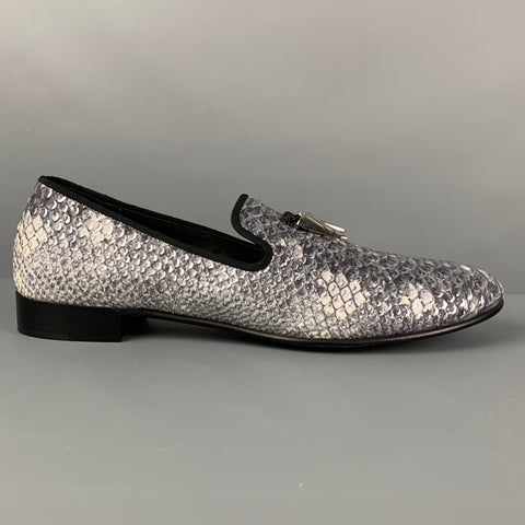 GIUSEPPE ZANOTTI Size 14 Grey Silver Snake Print Leather Slip On Loafers