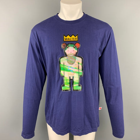 WALTER VAN BEIRENDONCK Size XL Navy Cotton Hologram Patch Long Sleeve T-shirt