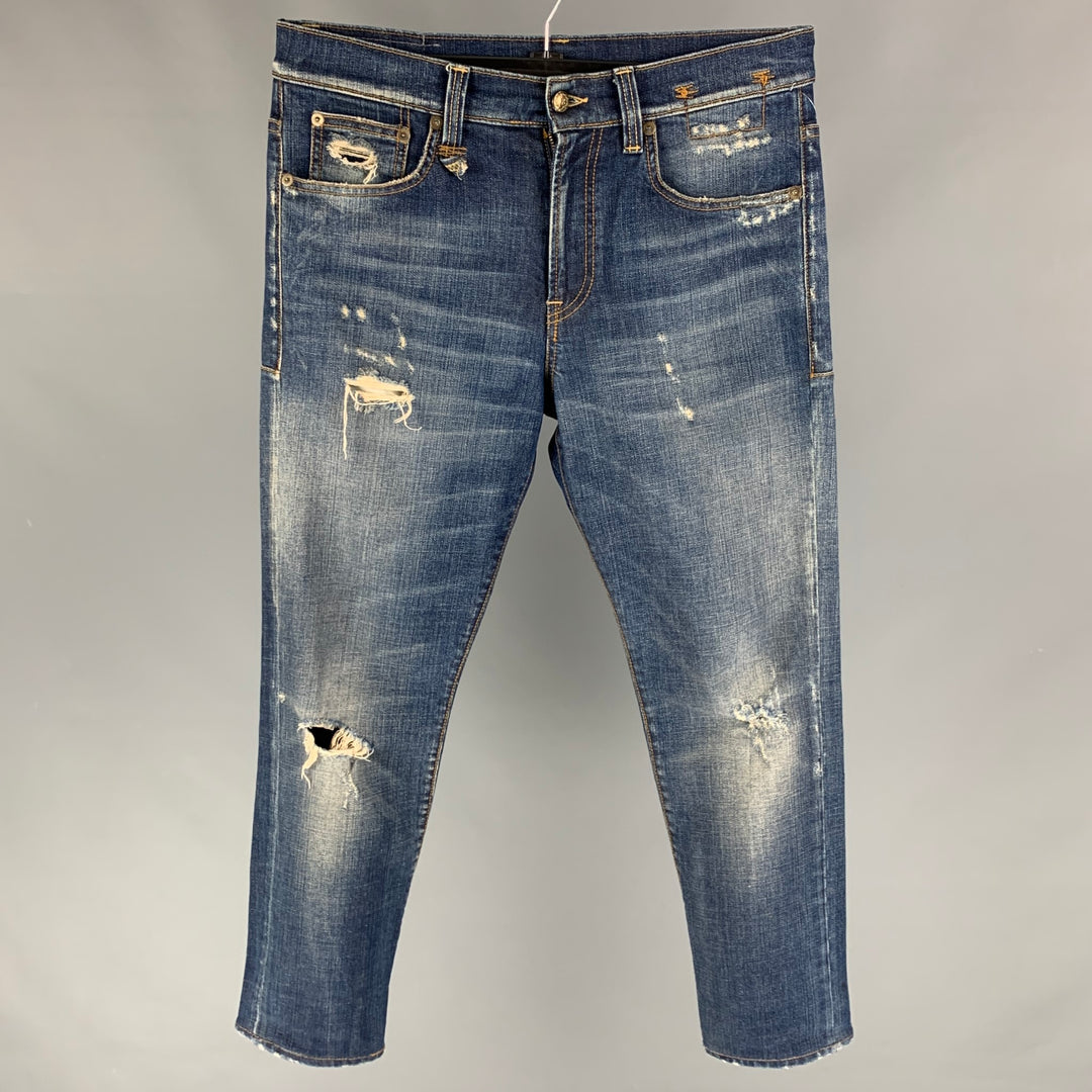 R13 Size 31 Blue Distressed Cotton Contrast Stitch Skate Jeans