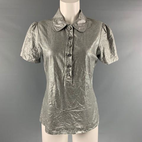 TORY BURCH Size L Silver Cotton Metallic Short Sleeve Casual Top