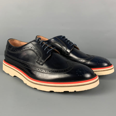 PAUL SMITH Size 7.5 Navy White Perforated Leather Wingtip Lace Up Shoes