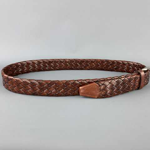 PAUL STUART Size 38 Woven Brown Leather Silver Tone Brass Buckle Belt