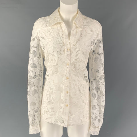 DIANE VON FURSTENBERG Talla 8 Camisa con botones de encaje blanco de mezcla de algodón