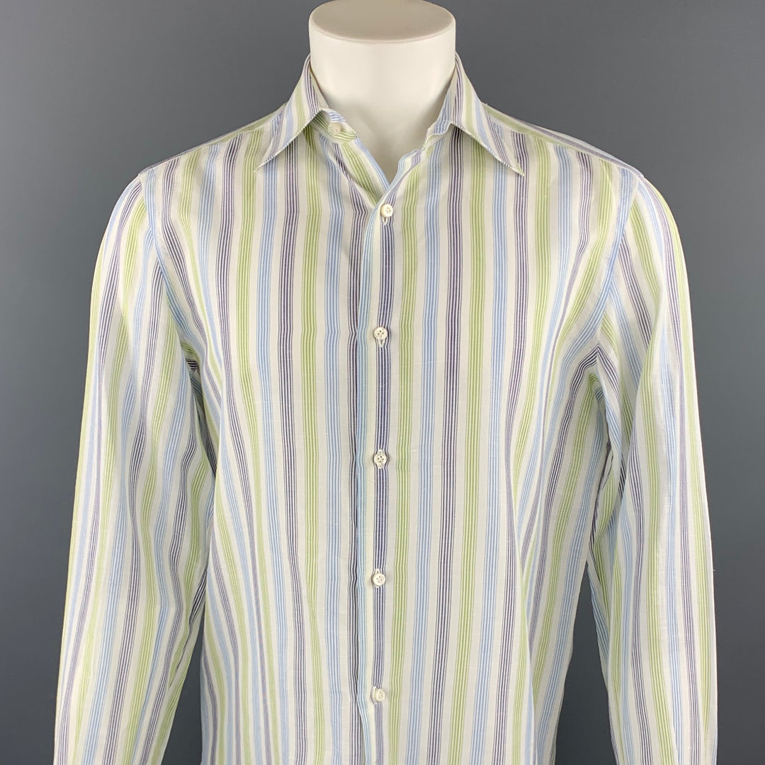 ISAIA Talla M Camisa de manga larga con botones de algodón a cuadros azul marino y verde