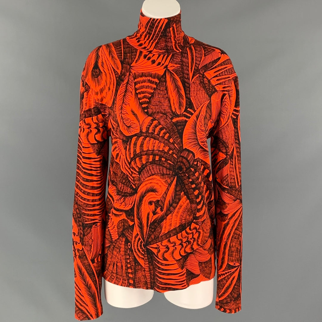 DRIES VAN NOTEN FW 18 Size L Orange / Black Print Viscose Turtleneck Pullover