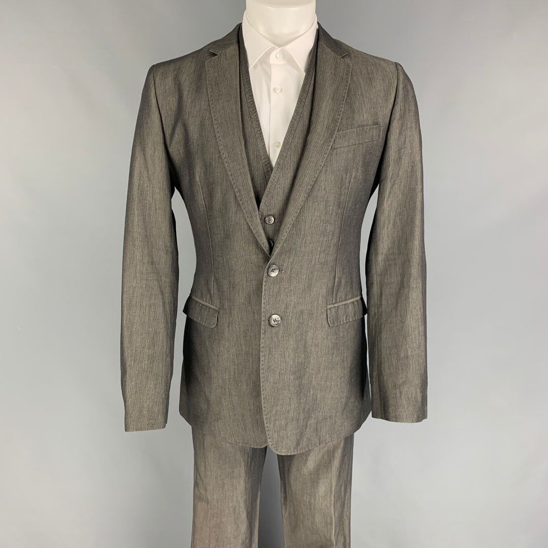 D&G by DOLCE & GABBANA Size 40 Grey Cotton Linen Notch Lapel 3 Piece Suit