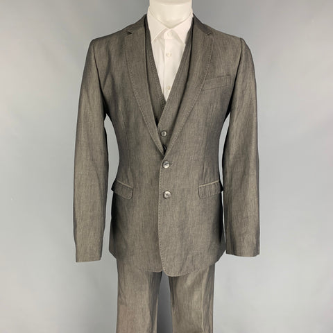 D&G by DOLCE & GABBANA Size 40 Grey Cotton Linen Notch Lapel 3 Piece Suit